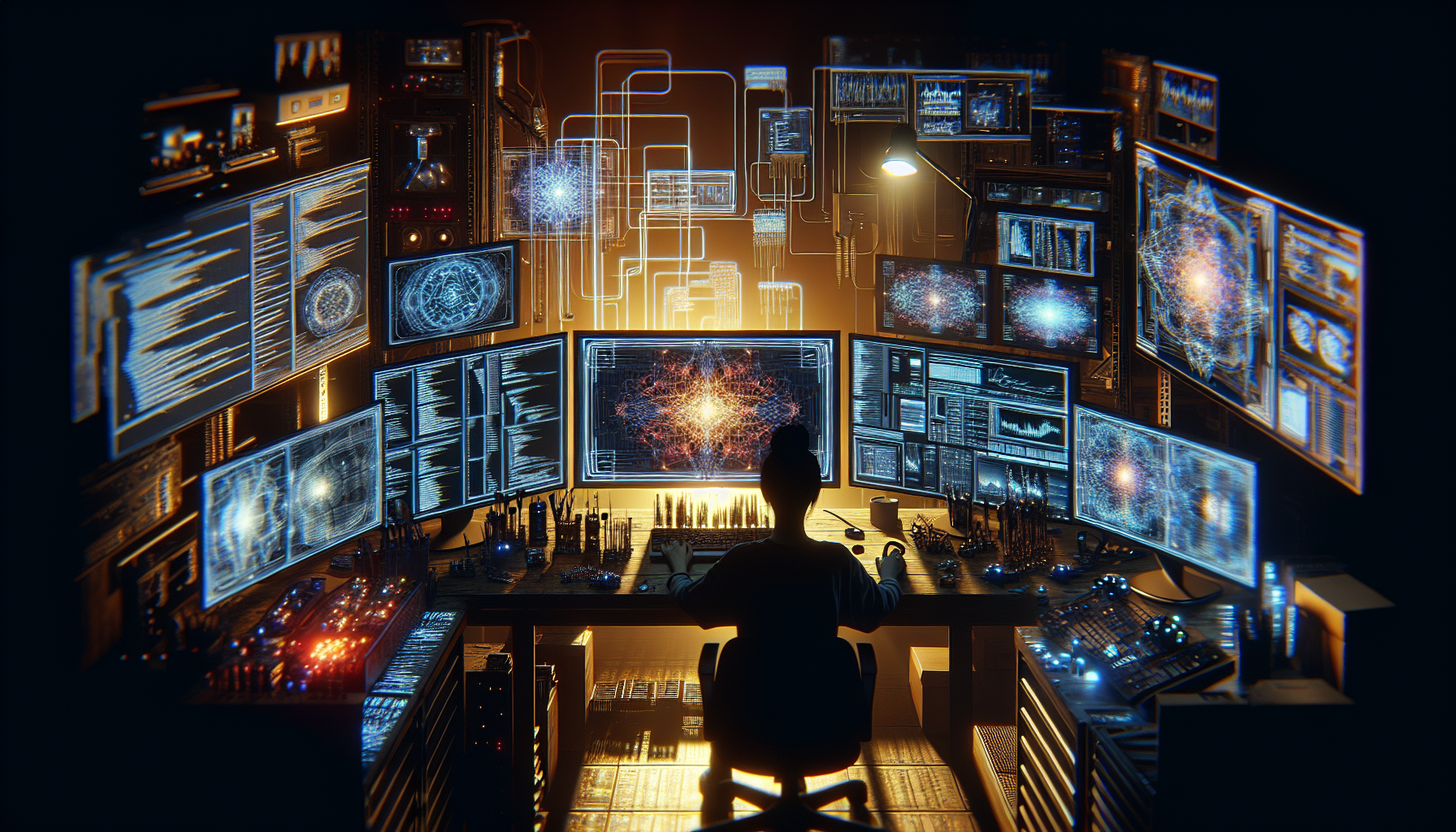 Glowing digital workbench at night with multiple screens